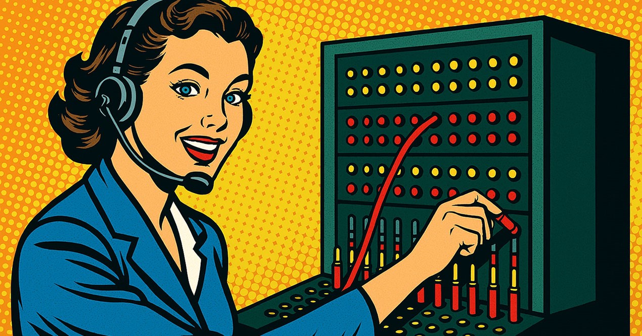 Illustrasjon av en kvinne som sitter ved et gammeldags sentralbord