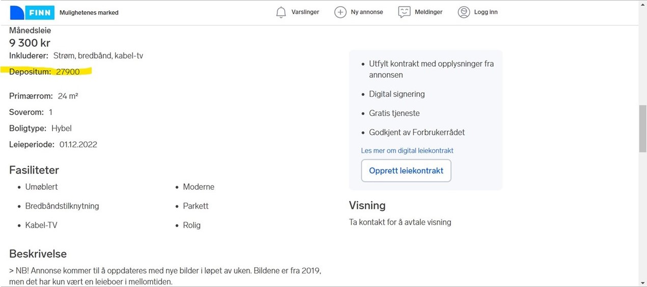 Bilde av annonse fra finn.no
