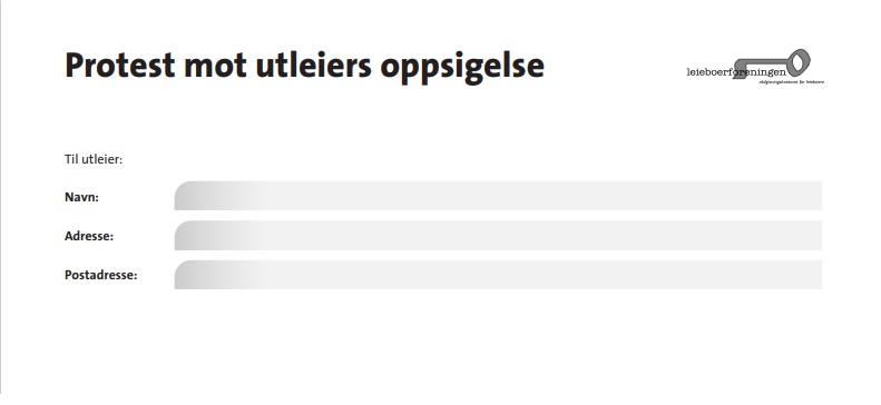 Øvre halvdel av mal for protest mor utleiers oppsigelse. Adressefelt "til utleier" med Leieboerforeningens logo øverst til høyre og under