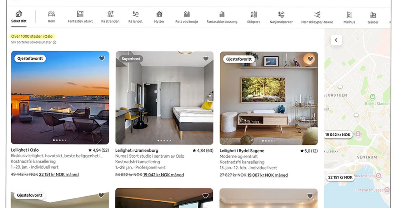 Faksimile av forsida til Airbnb med månedsutleie av boliger i Oslo